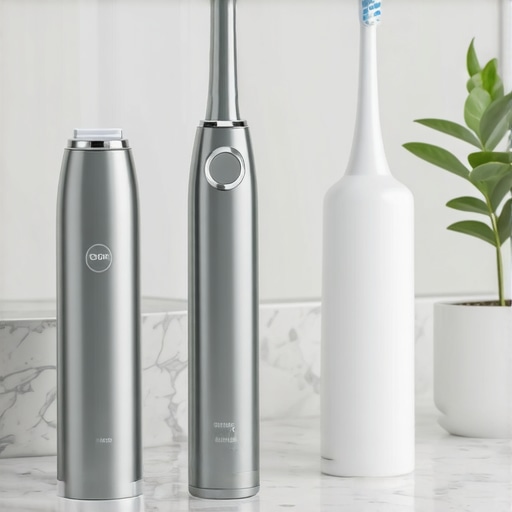 A collection of high-end oral hygiene tools including a water flosser and tongue scraper on a clean counter.