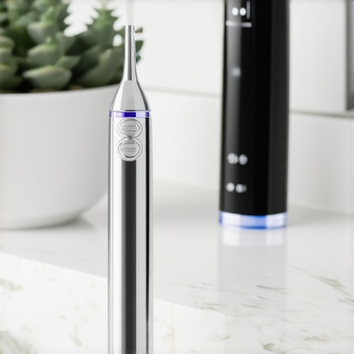 A collection of advanced dental care tools including a water flosser and stainless steel tongue scraper on a vanity.