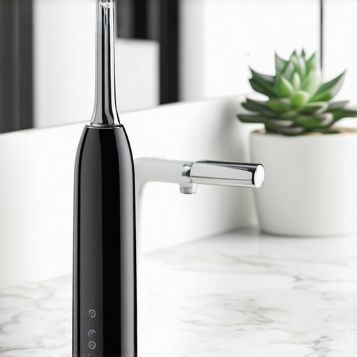 High-end water flosser and electric toothbrush on a bathroom counter.