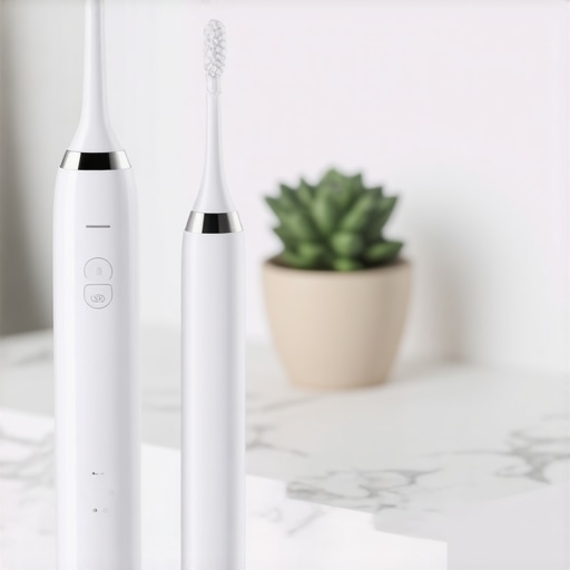 Professional Dental Maintenance Tools A water flosser and sonic toothbrush on a marble counter representing modern oral care tools.