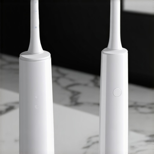 A water flosser and electric toothbrush on a bathroom counter representing home jaw and oral health maintenance.
