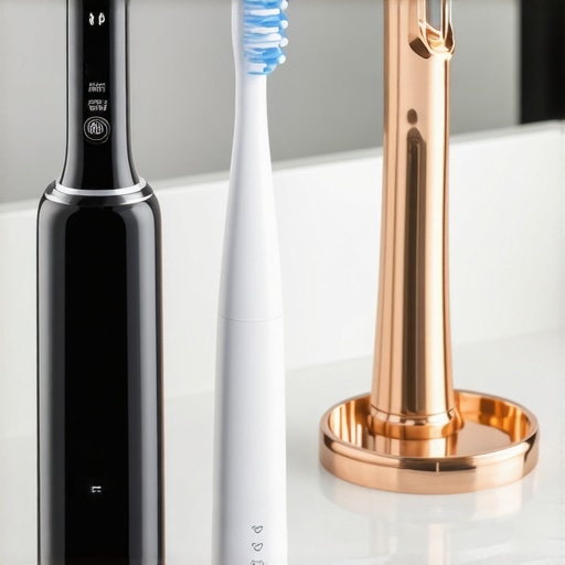 Professional Dental Maintenance Tools Electric toothbrush and water flosser on a bathroom counter