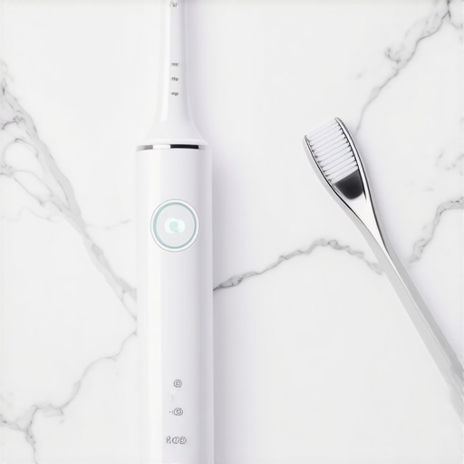 Professional Dental Maintenance Tools Electric toothbrush and tongue scraper on a bathroom counter for oral health maintenance