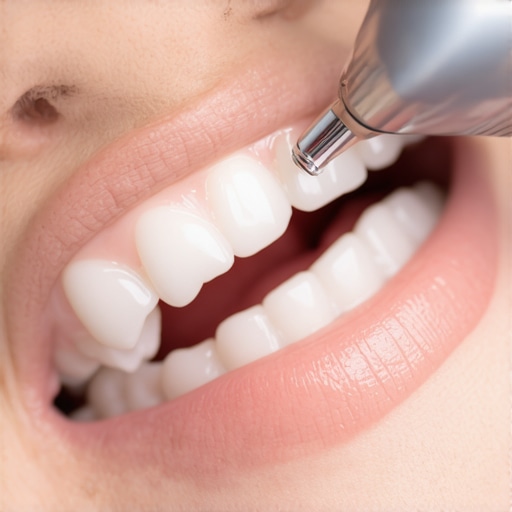 A dental professional performing a precise ultrasonic cleaning on a patient's teeth.