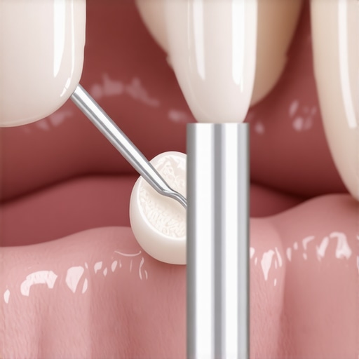 A close-up of a dental scaler removing calcified plaque from the gum line.