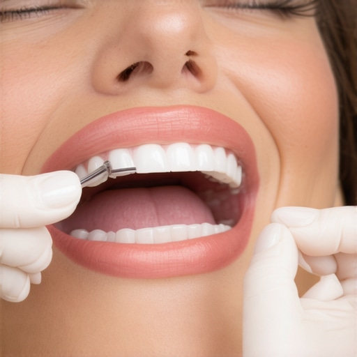 A dentist using a shade guide to match the color of a patient's teeth for a cosmetic procedure.