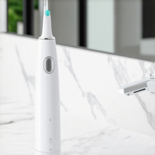 A water flosser and sonic toothbrush on a bathroom counter representing advanced oral hygiene tools.