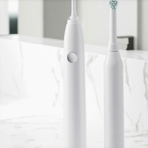 A water flosser and sonic toothbrush on a marble counter representing modern oral hygiene tools.