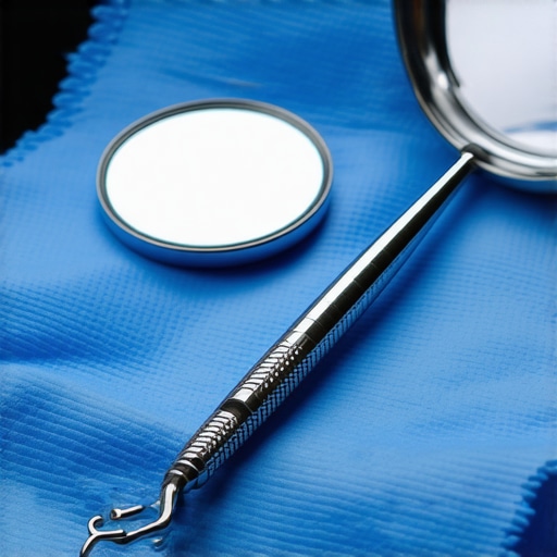 Close up of a professional dental mirror and explorer tool on a sterile tray.