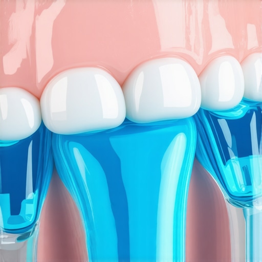 A dentist applying a protective blue resin barrier to a patient's receding gum line to prevent irritation during a teeth whitening procedure.