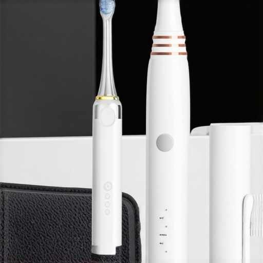 High-end electric toothbrush and water flosser on a bathroom counter