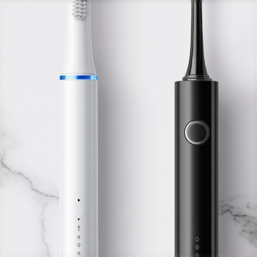 Professional Home Dental Care Tools Modern electric toothbrush and water flosser on a bathroom counter