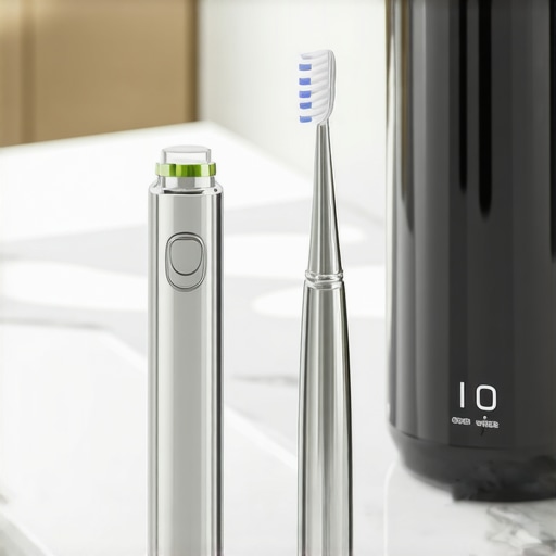 Professional Oral Care Maintenance Tools Stainless steel tongue scraper and modern water flosser on a bathroom vanity.