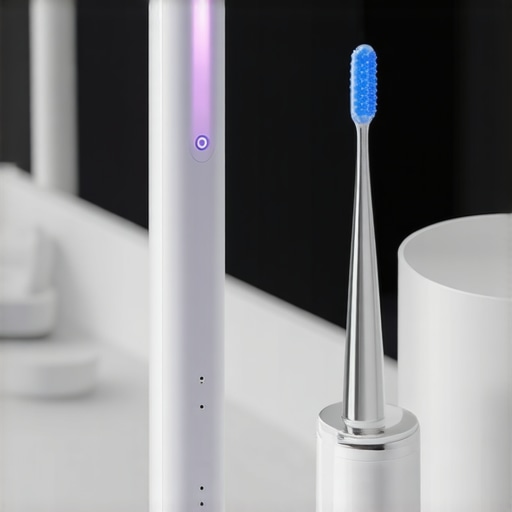 Electric toothbrush with pressure sensor and stainless steel tongue scraper on a bathroom counter