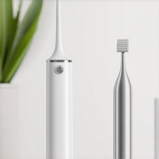Close up of a water flosser and metal tongue scraper on a clean bathroom counter.