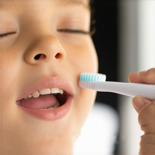 Parent assisting child with electric toothbrushing during injury recovery