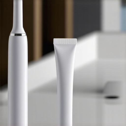 Sonic toothbrush, custom nightguard, and low-abrasive toothpaste on a bathroom counter