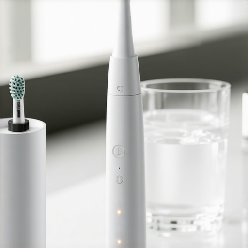 Professional Tools for Home Dental Maintenance Electric toothbrush and water flosser on a bathroom counter for oral health maintenance.
