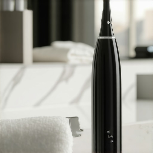 A portable water flosser and electric toothbrush on a hotel counter.