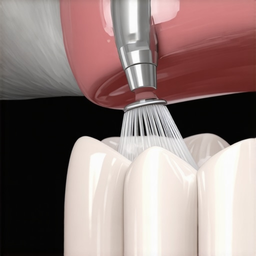 Close up of a dentist using a scaler and water spray to clean teeth professionally