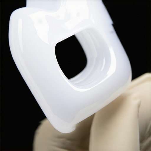 A dentist holding a custom-made hard acrylic nightguard for bruxism treatment.