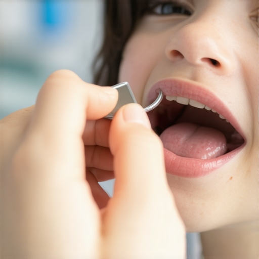 Dentist examining a toddler's tongue for signs of ankyloglossia