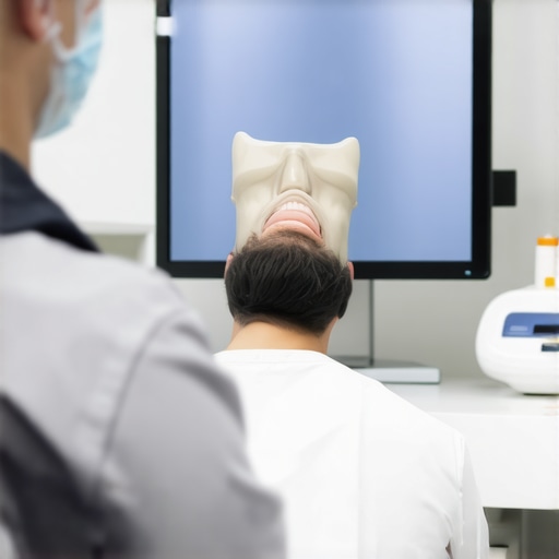 Professional dental implant consultation session A dentist and patient discussing dental implant strategy using 3D imaging technology.