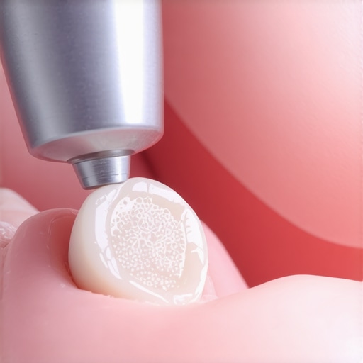 A dentist using a professional polishing tool to smooth the edges of a new tooth filling.