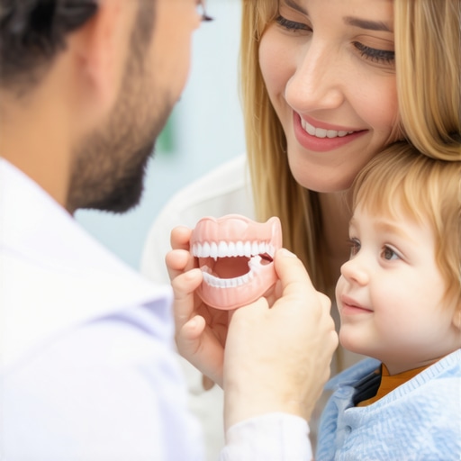 Dentist explaining tooth enamel care to a family using a dental model.