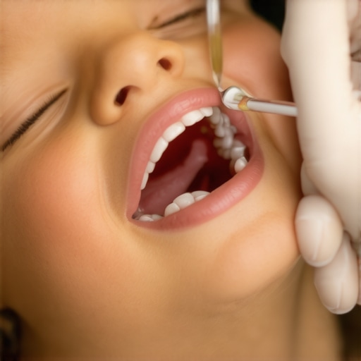 A pediatric dentist applying fluoride varnish to protect a child's tooth enamel.