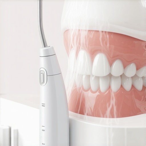 A person using a water flosser to clean debris from a permanent lingual retainer wire