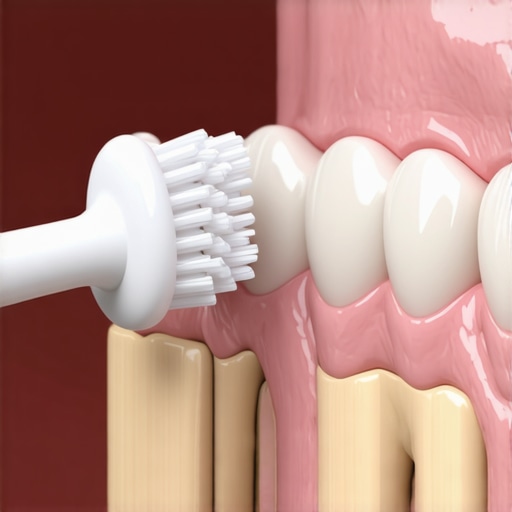 Close up of soft-bristled toothbrush at a 45 degree angle to the gum line demonstrating proper technique