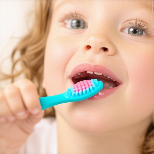 Proper tongue cleaning for children Parent helping child brush their tongue to prevent bad breath.