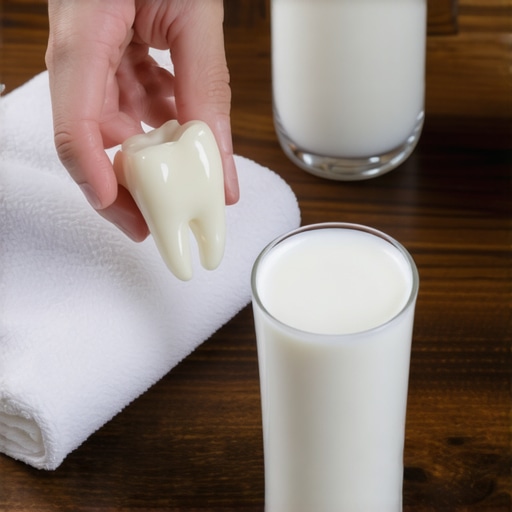 Properly handling a knocked-out tooth for storage Holding a permanent tooth by the crown with a glass of milk nearby for emergency storage.