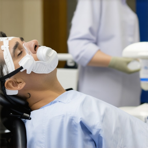 A patient sitting comfortably in a dental chair wearing a nitrous oxide mask for sedation.
