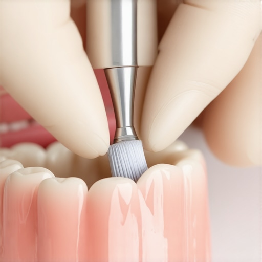 A dentist demonstrating soft-bristle cleaning to prevent gum tissue trauma.