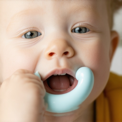A chilled silicone teething ring used safely to soothe baby gums