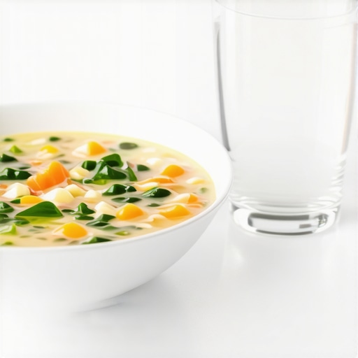 A bowl of creamy soup and a glass of water representing a soft food diet after dental surgery.