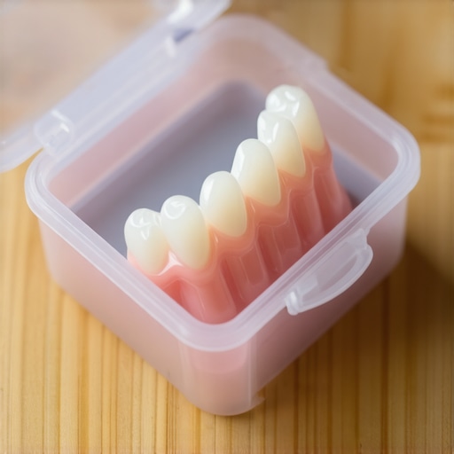 A broken dental prosthetic stored in a protective container