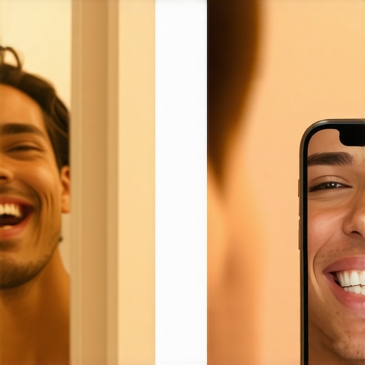 A comparison showing how a smile looks different in a mirror versus a smartphone camera lens.
