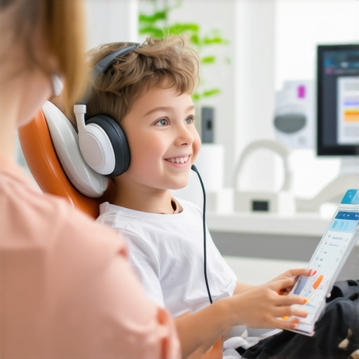 Child wearing noise-canceling headphones in a dental chair to manage sensory issues.