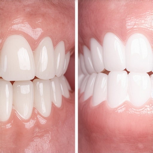 A visual comparison between a thick plastic snap-on smile cover and precision-fitted porcelain veneers.