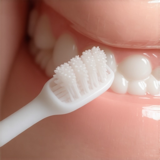 Soft Bristles for Gentle Dental Care Close-up of soft bristles on gums to illustrate gentle cleaning techniques versus aggressive brushing.