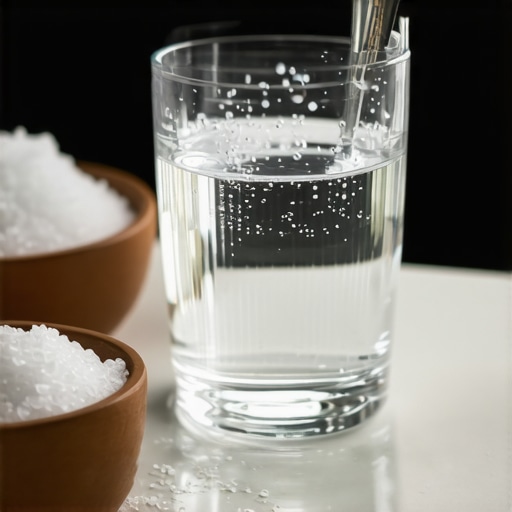 A glass of warm water and a bowl of salt for preparing a healing oral rinse