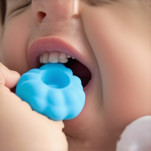 A parent gently applying a chilled silicone teething toy to a toddler's swollen gums to relieve teething pain.