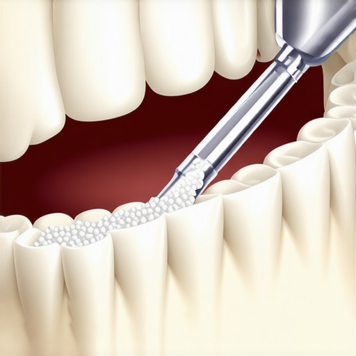 Close-up showing the placement of granules in a dental bone graft procedure.