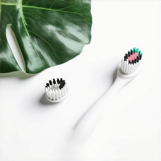 A surgical steel tongue scraper and sonic toothbrush on a clean bathroom vanity.