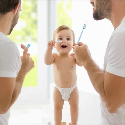 Father showing a toddler the correct amount of toothpaste to use for oral health training.