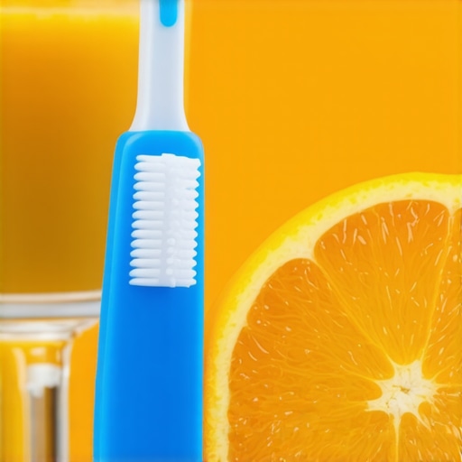A toothbrush and orange illustrating the importance of timing in dental hygiene to prevent enamel erosion.