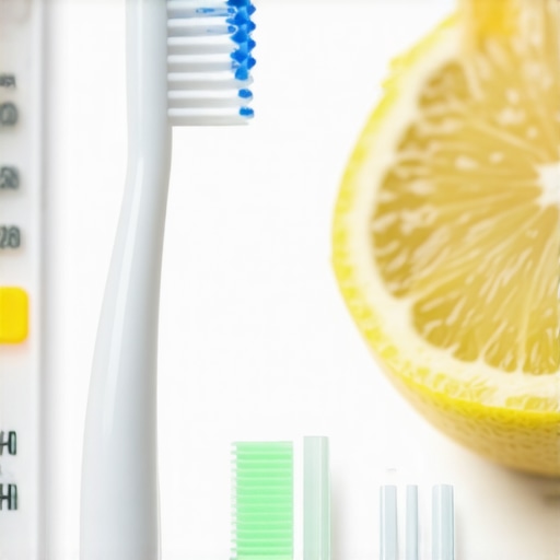 Soft toothbrush and lemon slice representing dental pH balance and enamel protection.